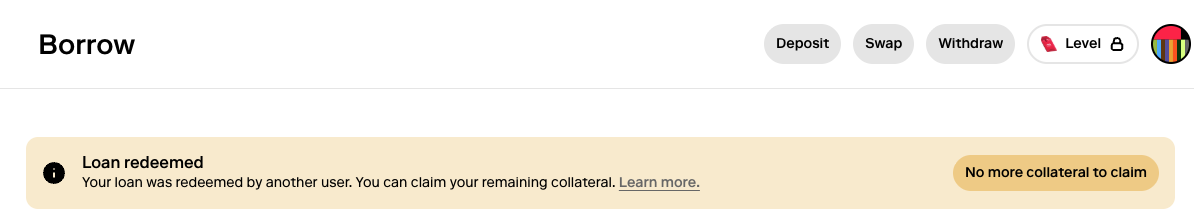 Loan redeemed alert on the Borrow page